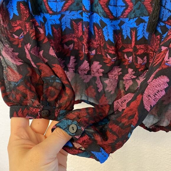 Lucky Brand long sleeve colorful sheer silky blouse tassel boho festival fairy S - Picture 7 of 9